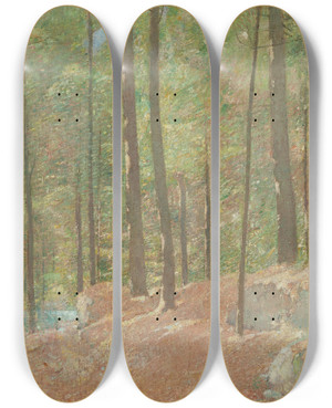 Triptych art skateboard deck of Emil Carlsen In The Pine Woods by Emil Carlsen (1848-1932)