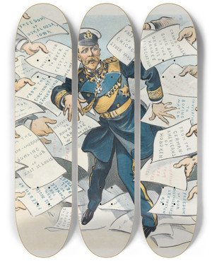 Triptych art skateboard deck of Udo Keppler An Embarrassment Of Riches by Udo Keppler (1872-1956)