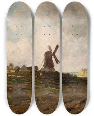 Triptych art skateboard deck of Antoni Kozakiewicz Landscape With A Windmill by Antoni Kozakiewicz (1841-1929)