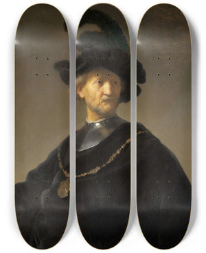 Triptych art skateboard deck of Rembrandt Van Rijn Old Man With A Gold Chain by Rembrandt Van Rijn (1606-1669)