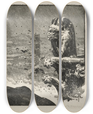 Triptych art skateboard deck of Auguste Louis Lepre Le Stryge De Notre Dame by Auguste Louis Lepere (1849-1918)