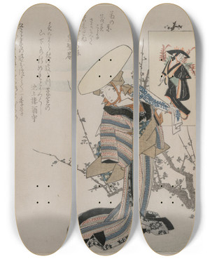 Triptych art skateboard deck of Yanagawa Shigenobu Woman By A Plum Tree Matched With The Wisteria Maiden From A Series Of Women Compared To Figures From Otsu Paintings by Yanagawa Shigenobu (1787-1832)