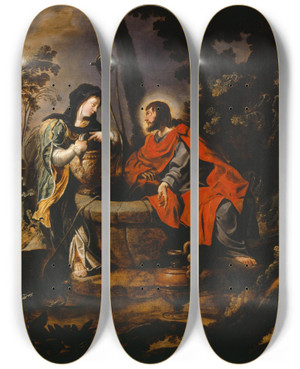 Triptych art skateboard deck of Simon De Vos Christ And The Samaritan Woman by Simon de Vos (1603-1676)