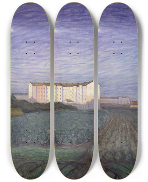 Triptych art skateboard deck of Eugne Jansson The Outskirts Of The Town by Eugene Jansson (1862-1915)