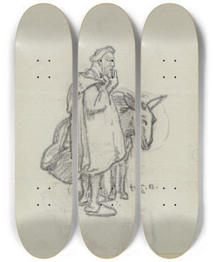 Triptych art skateboard deck of Rudolf Gudden A Man With A Donkey by Rudolf Gudden (1863-1935)