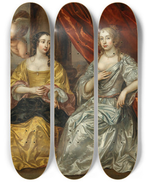 Triptych art skateboard deck of Jan Mijtens A Portrait Of Two Noblewomen With Cupid by Jan Mijtens (1614-1670)