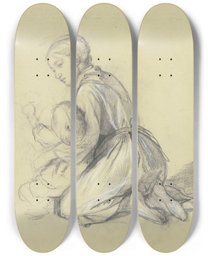 Triptych art skateboard deck of Jakob Becker Kniendes Mdchen Nach Links Mit Einem Kleinkind Im Linken Arm by Jakob Becker (1810-1872)