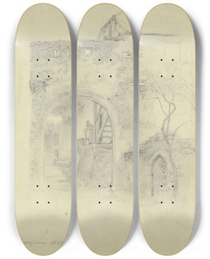 Triptych art skateboard deck of Jakob Frchtegott Dielmann Castle Gate In Eppstein by Jakob Furchtegott Dielmann (1809-1885)