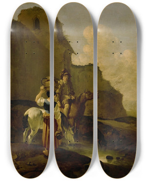 Triptych art skateboard deck of Karel Dujardin An Italianate Landscape With Two Peasants And Horses Near Ruins by Karel Dujardin (1622-1678)