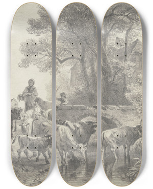 Triptych art skateboard deck of Friedrich Voltz Eine Zur Trnke Getriebene Viehherde by Friedrich Voltz (1817-1886)