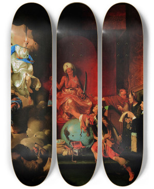Triptych art skateboard deck of Ary De Vois Allegory Of Enthroned Injustice by Ary de Vois (1632-1680)