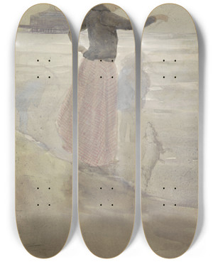 Triptych art skateboard deck of Johan Antonie De Jonge Vrouw Met Twee Kinderen En Een Hondje Aan Het Strand by Johan Antonie De Jonge (1864-1927)