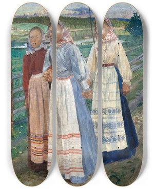 Triptych art skateboard deck of Carl Wilhelmson Saturday Evening by Carl Wilhelmson (1866-1928)