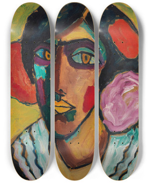 Triptych art skateboard deck of Alexej Von Jawlensky Frauenkopf Mit Blumen Im Haar by Alexej Von Jawlensky (1864-1941)