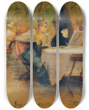 Triptych art skateboard deck of Josef Engelhart In The Garden Restaurant by Josef Engelhart (1864-1941)