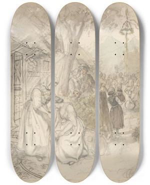 Triptych art skateboard deck of Adolph Tidemand Pike Som Trstes Av Kone P Sommerfest by Adolph Tidemand (1814-1876)
