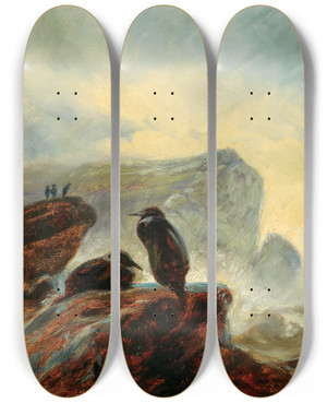 Triptych art skateboard deck of Friedrich Preller The Elder A Landscape With Cormorants On A Rock by Friedrich Preller The Elder (1804-1878)