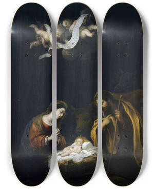 Triptych art skateboard deck of Bartolom Estebn Murillo The Nativity_2 by Bartolome Esteban Murillo (1617-1682)