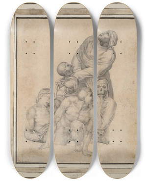 Triptych art skateboard deck of Michelangelo A Group Of The Resurrected After The Lastjudgment by Michelangelo (1475-1564)
