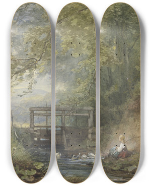 Triptych art skateboard deck of Philipp Rumpf Gnsehirtin An Einer Schleuse by Philipp Rumpf (1821-1896)