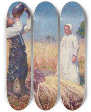 Triptych art skateboard deck of Hans Olde Harvesting by Hans Olde (1855-1917)