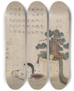Triptych art skateboard deck of Keisai Eisen Sanpoukazari To Otafuku No Men by Keisai Eisen (1790-1848)