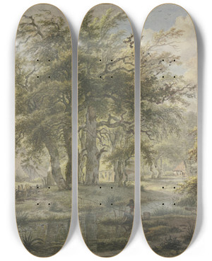 Triptych art skateboard deck of Jan Hulswit Eichenwald Mit Einigen Htten Im Vordergrund Ein Angler by Jan Hulswit (1766-1822)
