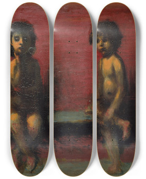 Triptych art skateboard deck of Hans Von Mares Two Seated Children by Hans Von Marees (1837-1887)