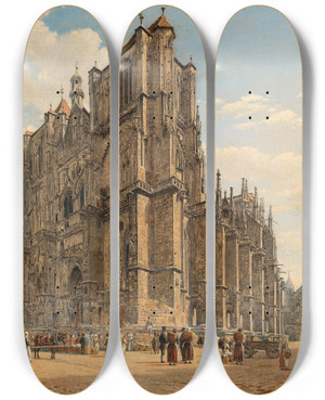 Triptych art skateboard deck of Jacob Alt A View Of The Regensburg Cathedral by Jakob Alt