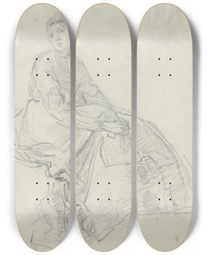 Triptych art skateboard deck of Anton Burger Sitting Woman_3 by Anton Burger (1824-1905)