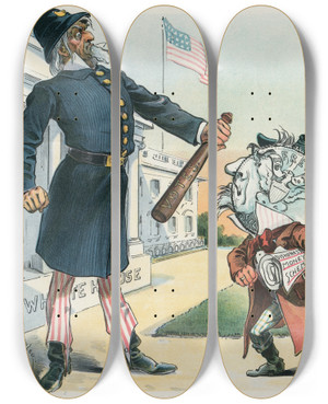 Triptych art skateboard deck of Udo Keppler He Must Be Kept Out by Udo Keppler (1872-1956)
