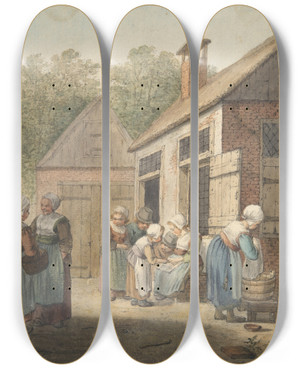 Triptych art skateboard deck of Christina Rppe Chalon Courtyardscene by Christina Ruppe Chalon (1748-1808)