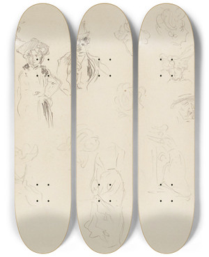 Triptych art skateboard deck of Frdric Houbron Croquis De Parisiens by Frederic Houbron (1851-1908)