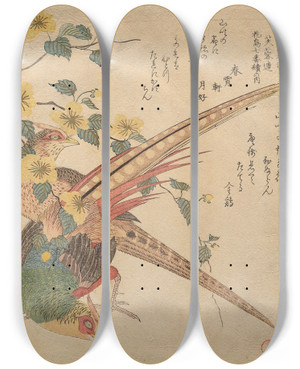 Triptych art skateboard deck of Kubo Shunman Pair Of Chinese Pheasants And A Branch Of Yamabukiflowers by Kubo Shunman (1757-1820)