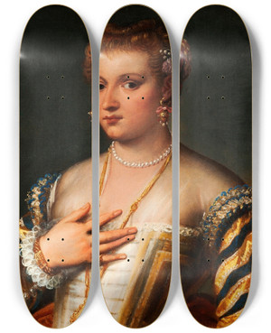 Triptych art skateboard deck of Francesco Montemezzano Portrait Of A Young Venetian Woman by Francesco Montemezzano (1555-1602)