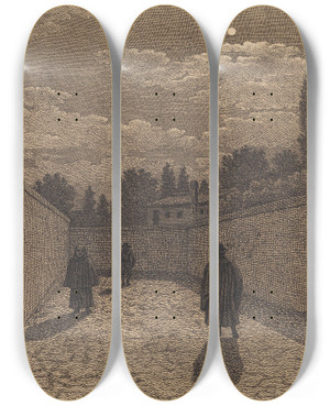 Triptych art skateboard deck of Christoffer Wilhelm Eckersberg Mneskin Over En Vej Med Tre Figurer Illustration Til Linearperspectiven Tavle Iv_1 by Christoffer Wilhelm Eckersberg (1783-1853)