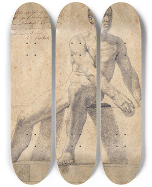 Triptych art skateboard deck of Johann Friedrich Overbeck Male Nude Sitting On A Pedestal by Johann Friedrich Overbeck (1789-1869)