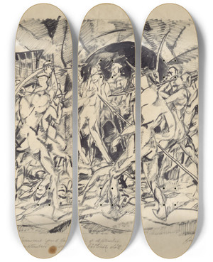 Triptych art skateboard deck of Kontantn Bauer Septembrov Masakra Pred Alrom by Konstantin Bauer (1893-1928)