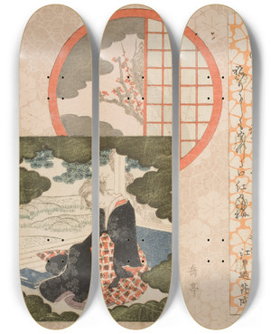 Triptych art skateboard deck of Yashima Gakutei Pictures Of Girl Meditating And Plum Tree Through Window by Yashima Gakutei (1786-1868)