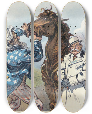 Triptych art skateboard deck of Udo Keppler Always Look A Gifthorse In The Mouth by Udo Keppler (1872-1956)