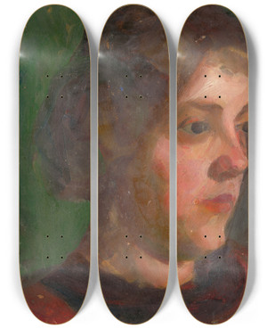 Triptych art skateboard deck of Udovt Pitthordt A Study Of A Girls Head by udovt Pitthordt (1860-1946)