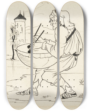 Triptych art skateboard deck of Aubrey Vincent Beardsley Man With Drum by Aubrey Vincent Beardsley (1872-1898)