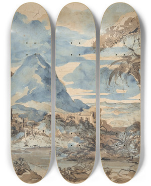 Triptych art skateboard deck of Thodore Gricault Landscape With Fishermen_1 by Theodore Gericault (1791-1824)
