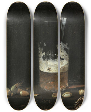 Triptych art skateboard deck of Georg Hainz Still Life With A Glass Of Beer And Nuts by Georg Hainz (1630-1688)