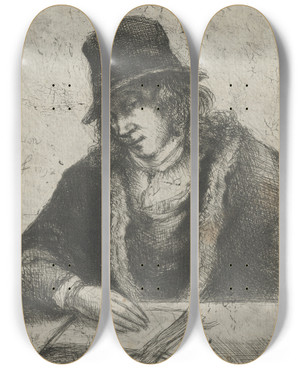 Triptych art skateboard deck of John James Chalon Portrait Of A Man With Hat by John James Chalon (1778-1854)