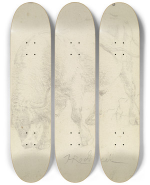 Triptych art skateboard deck of Johann Heinrich Roos Grasender Faselochse Nach Links by Johann Heinrich Roos (1631-1685)