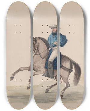 Triptych art skateboard deck of Francisco Fierro An Elegantly Dressed Man On Horseback by Francisco Fierro (1807-1879)