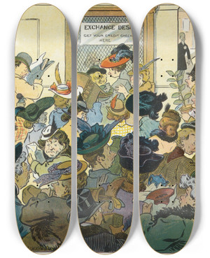 Triptych art skateboard deck of Louis Glackens The Day After by Louis Glackens (1866-1933)