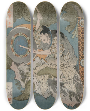 Triptych art skateboard deck of Totoya Hokkei A God Playing A Drum From The Series The Spring Cave by Totoya Hokkei (1780-1850)