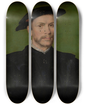 Triptych art skateboard deck of Corneille De Lyon Portrait Of A Bearded Man In Black by Corneille de Lyon (1500-1575)